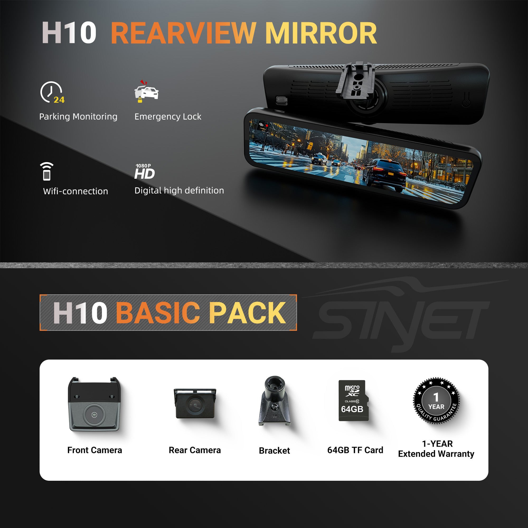 Sinjet H10 9.2'' 60FPS 2 channel mirror dash cam